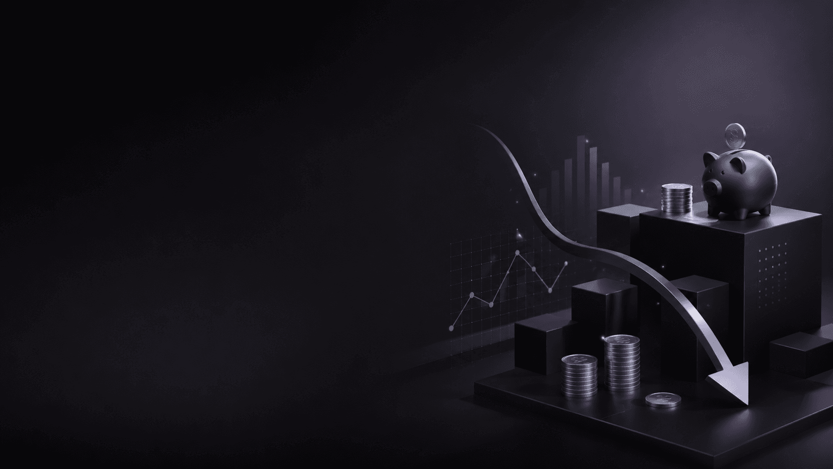 Illustration of cost savings with piggy bank, coins, and downward arrow
